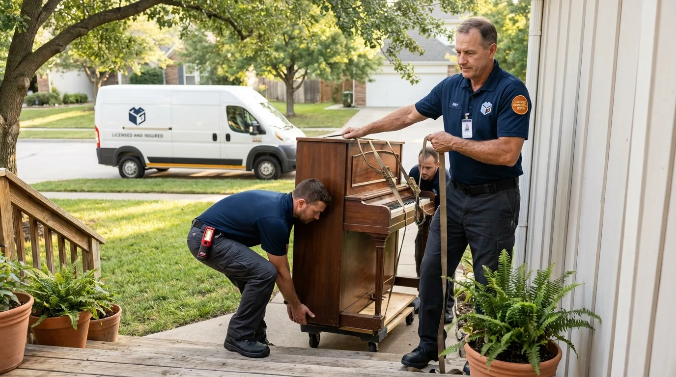 Licensed piano movers securing grand piano in Canal Winchester, OH
