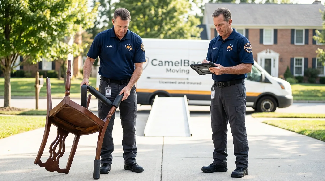 Movers inspecting furniture for damage prevention before loading in Canal Winchester, OH