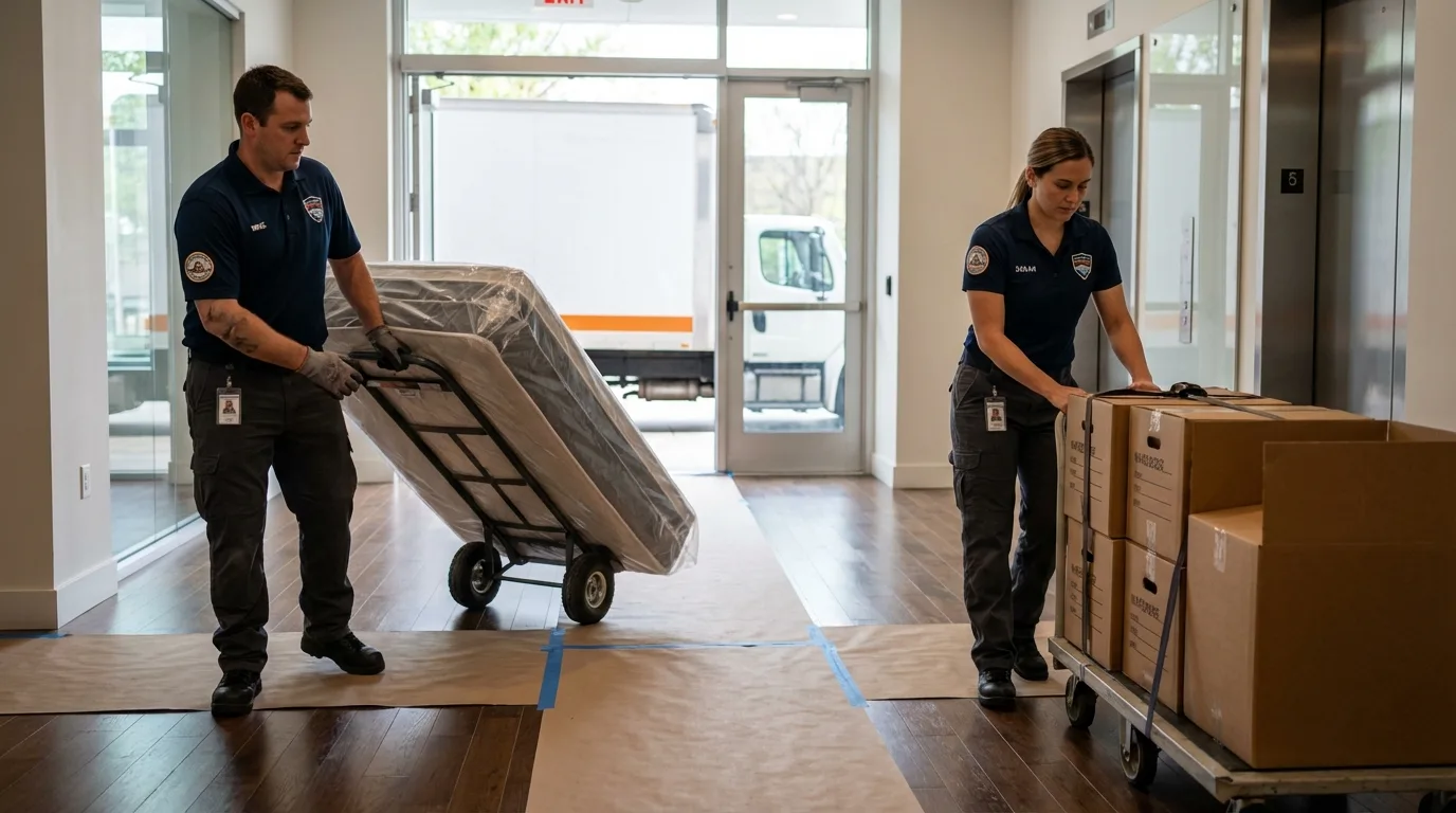Professional apartment movers loading elevator in Canal Winchester, OH