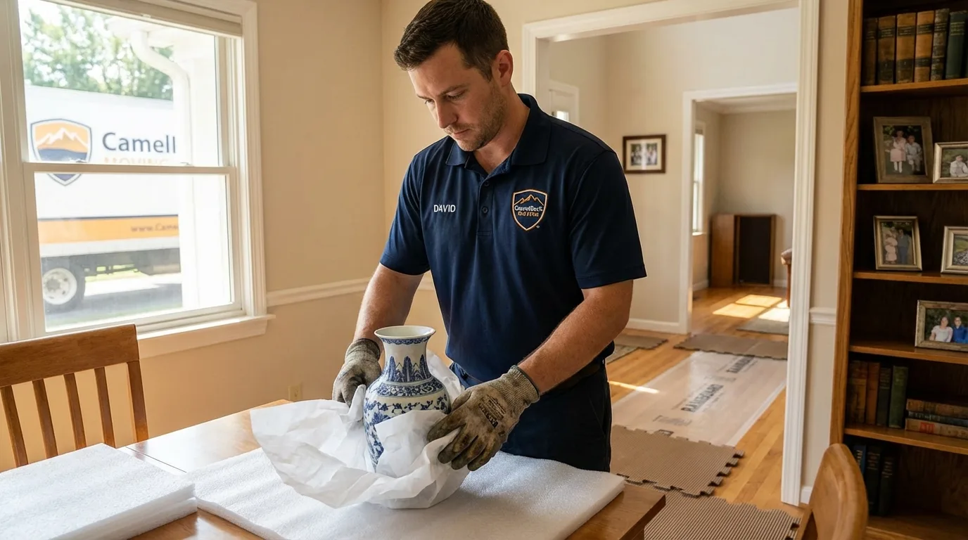 Professional crew carefully wrapping antique vase for senior downsizing move in Canal Winchester, OH